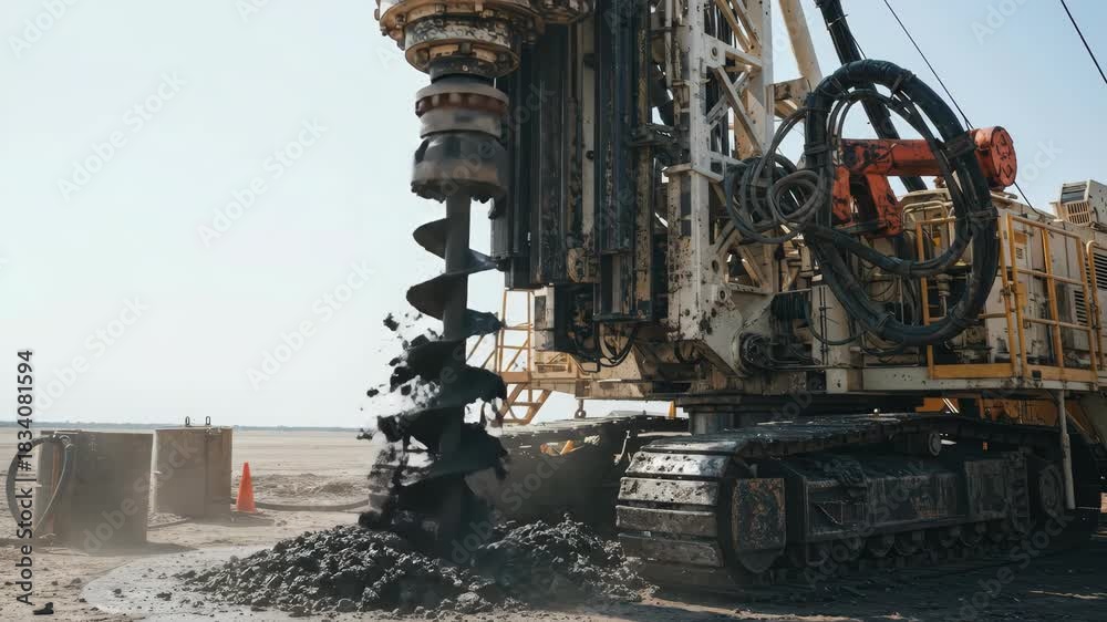 Heavy drilling rig machine with excavator track and auger at work ...