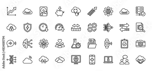 Technology and artificial intelligence line icon set. Vector pictograms of server, cloud, neural network, brain, robot, analytics, security, thin linear illustration.