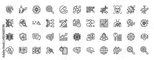 Biotechnology and science line icon set. Vector pictograms of dna, brain, molecule, gene, syringe, chemistry, research and neural network, thin linear illustration