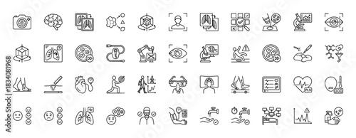 Medical technology line icon set. Vector pictograms of MRI scan, microscope, robotic surgery, lungs xray, blood pressure, gait analysis, thin linear illustration.