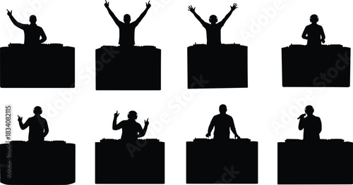 Silhouette DJ performers on stage mixing music with raised hands, energetic nightclub atmosphere, electronic dance party vibe, isolated black figure set