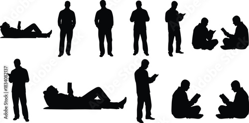 Silhouettes of people reading books and using digital devices while standing, sitting, and lying down in different relaxed study positions