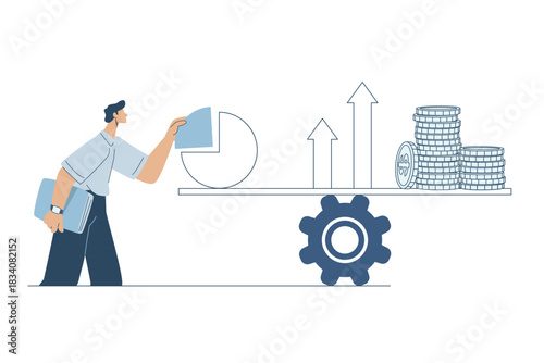 Businessman holding a pie chart, Business ownership increase, Financial planning and investment strategy.