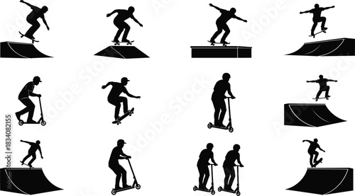 Silhouettes of skateboarders and scooter riders performing tricks on ramps, jumps, and obstacles in urban skatepark action sports collection