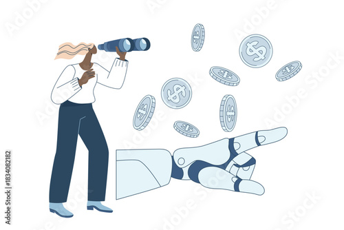 Woman holding binoculars searching for investment, artificial intelligence investment analysis, Simple illustration, Flat vector design.