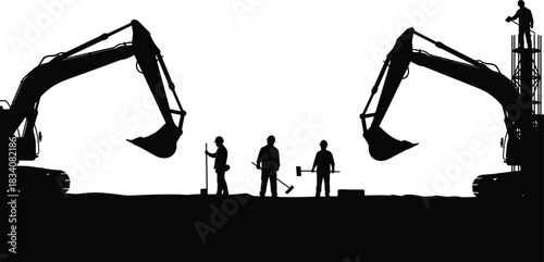 Silhouette construction workers and excavators operating on building site with heavy machinery teamwork industrial equipment and labor activity on groundSilhouet