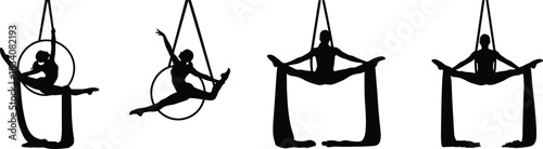 Elegant silhouette aerial acrobats performing poses on hoop and silk in artistic illustration showcasing strength flexibility grace and movement