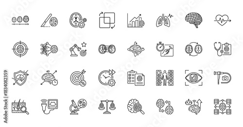 Neurology and medical technology line icon set. Vector pictograms of brain, neural network, stethoscope, microscope, lungs and robot arm, thin linear illustration.