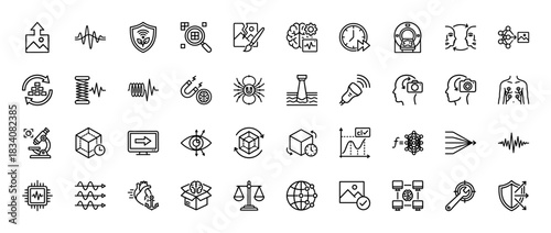 Science and technology line icon set. Vector pictograms of wave, magnet, microscope, neural network, MRI, eye, brain and chip, thin linear illustration.