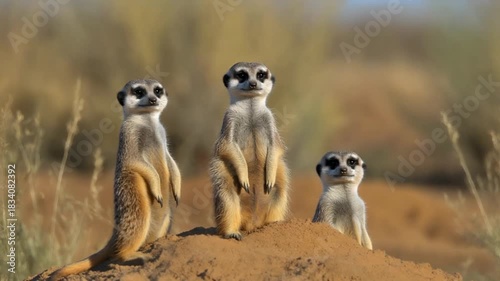 Three meerkats standing on a mound in savannah landscape