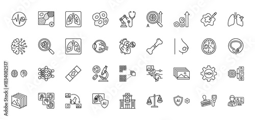 Artificial intelligence in medicine and diagnostics line icon set. Vector pictograms of lungs, brain, heart, bones, and microscope, thin linear illustration.