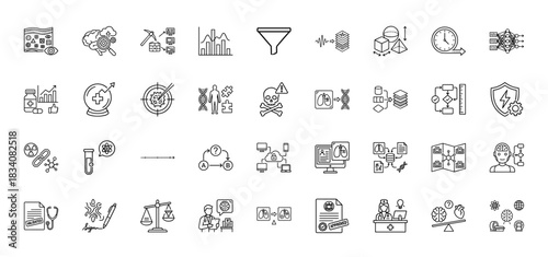 Medical research and AI technology line icon set. Vector pictograms of DNA, neural network, lungs, brain, microscope, doctor, data, algorithm, thin linear illustration.