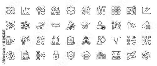 Science and medicine line icon set. Vector pictograms of dna, testing, research, and data processing, thin linear illustration.