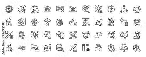 Biotechnology and research line icon set. vector pictograms of dna, brain, microscope, camera, and laboratory equipment, thin linear illustration.