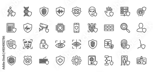 Biometric security line icon set. Vector pictograms of fingerprint, facial recognition, eye scan, DNA, padlock, shield, firewall, server, thin linear illustration.