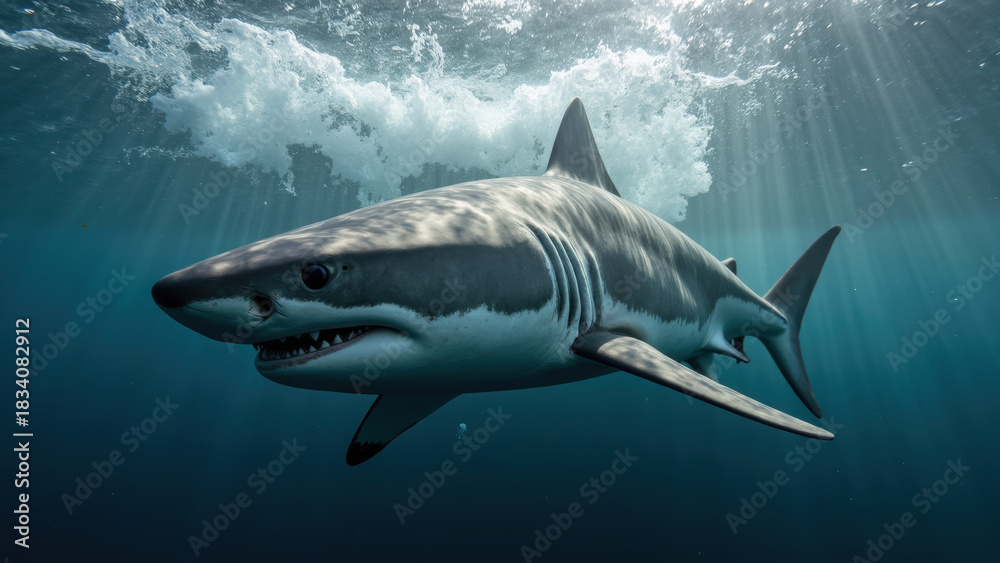 Naklejka premium Majestic shark swimming gracefully in deep blue ocean waters, showcasing its powerful physique and sharp teeth, illuminated by sunlight