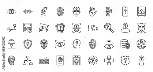 Biometric identification and security line icon set. Vector pictograms of fingerprint, face scan, dna, eye retina, and access control, thin linear illustration.