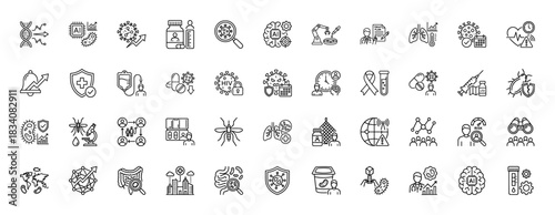 Medical and healthcare line icon set. Vector pictograms of virus, dna, vaccine, microscope, lungs, doctor, shield, brain, heart, pills, syringe, thin linear illustration.