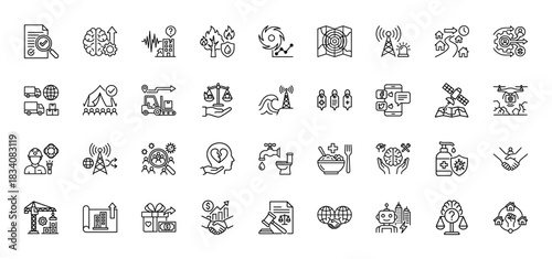Disaster relief and emergency response line icon set. Vector pictograms of humanitarian aid, infrastructure, logistics, and crisis management, thin linear illustration.