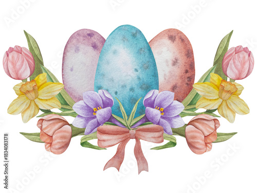Easter flower festive traditional decor element set. Watercolor illustration. Colorful eggs, knots, spring garden flowersand basket. Easter decoration set for bouquets, wreaths, postcards, greetings.