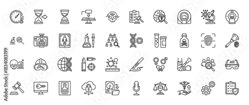 Forensic science and criminology line icon set. vector pictograms of dna, investigation, skull, and evidence, thin linear illustration.