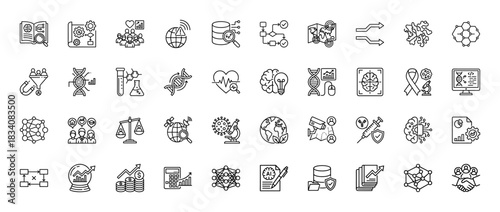 Data science and artificial intelligence line icon set. Vector pictograms of machine learning, research, analytics, and coding, thin linear illustration.