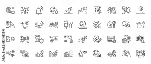 Medical and healthcare line icon set. Vector pictograms of research, diagnosis, treatment, and hospital care, thin linear illustration.