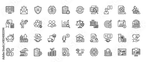 Business and finance line icon set. Vector pictograms of market analysis, investments, healthcare, and logistics, thin linear illustration.