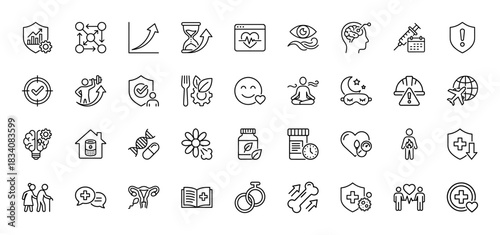 Health and wellness line icon set. Vector pictograms of biohacking, longevity, dna, brain, fitness, sleep, nutrition and medical care, thin linear illustration.