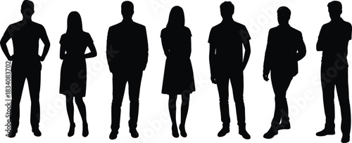 Black silhouettes of seven people, men and women standing in row, isolated vector illustration on white background, diverse group team.