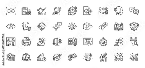 Business, technology, and science line icon set. Vector pictograms of decision making, artificial intelligence, security, and healthcare, thin linear illustration.