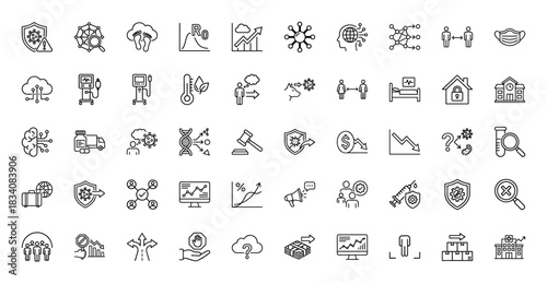 Epidemic and coronavirus health crisis line icon set. Vector pictograms of virus, R0, protection, vaccine, and quarantine, thin linear illustration.