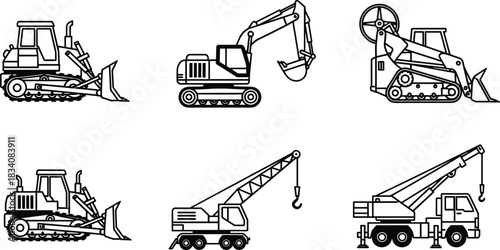 Construction heavy equipment icon set, bulldozer, excavator, crane truck, tracked loader, industrial vehicles silhouettes, black and white vector pack for building, engineering, and industry assets.