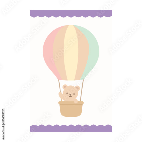 Hot-Air Balloon with Bear Cub Wall Art, Home Decoration Print, Modern Nursery Wall Art, Kids Room Decor Printable, Pastel Baby Girl illustration, Playroom Poster ClipArt