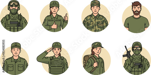 Cartoon military characters, diverse uniforms, tactical gear, soldier illustration, army poses, camouflage outfit, defense icons, combat style, service members