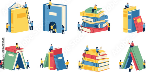 Creative book scenes, human interaction, reading concept, educational illustration, knowledge sharing, learning metaphor, storytelling art, literature engagement, book exploration