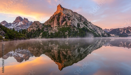 Sunset at a calm mountain lake with mirror-like reflection