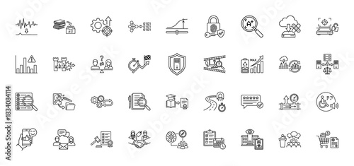 Business and technology line icon set. Vector pictograms of risk management, security, quality, data, and strategy, thin linear illustration.