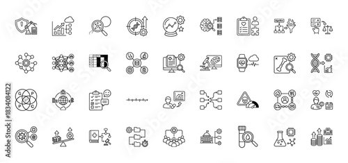 Medical and scientific data analysis line icon set. Vector pictograms of research, genetics, diagnostics, and patient care, thin linear illustration.