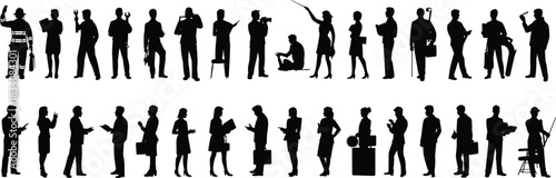 Diverse Professional People Silhouette Set Showcasing Various Global Careers, Occupations, Business, Trades, and Office Workers, Isolated Vector Illustration.