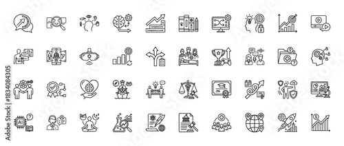 Business and education line icon set. Vector pictograms of research, brain, competency, analytics, vr, career, certificate, and data, thin linear illustration.