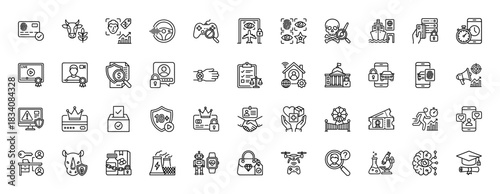 Security, gaming, and technology line icon set. Vector pictograms of fingerprint, video streaming, risk, and finance, thin linear illustration.