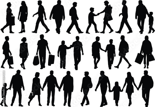 Diverse Silhouettes of People Walking and Standing, Including Families, Adults, and Children, Isolated Black Vector Collection on White Background.