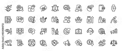 Medical, technology, and security line icon set. Vector pictograms of handshake, brain, flask, and shield, thin linear illustration.