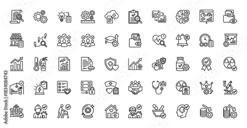 Medical quality assurance and healthcare line icon set. Vector pictograms of research, checklist, patient care, and security, thin linear illustration.