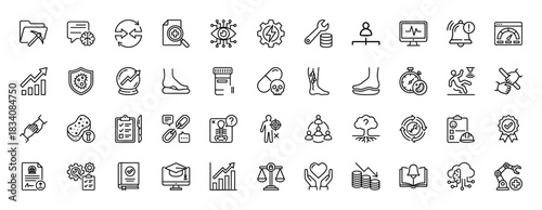 Business, medical, technology, and science line icon set. Vector pictograms of mining, data analysis, health, and research, thin linear illustration.