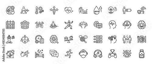 Wellness and mental health line icon set. Vector pictograms of brain, heart rate, stress, sleep, and fitness, thin linear illustration.