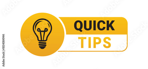 Quick tip icon with bulb and logo design for business guide or sticker, with a helpful trick and hint in a banner template for advice, quiz or insight.