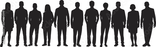 Large group of people silhouettes standing in a row, business team of men and women, isolated on white background.