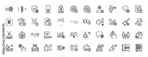 Security and biometric authentication line icon set. Vector pictograms of fingerprint scan, face id, password lock, and data protection, thin linear illustration.